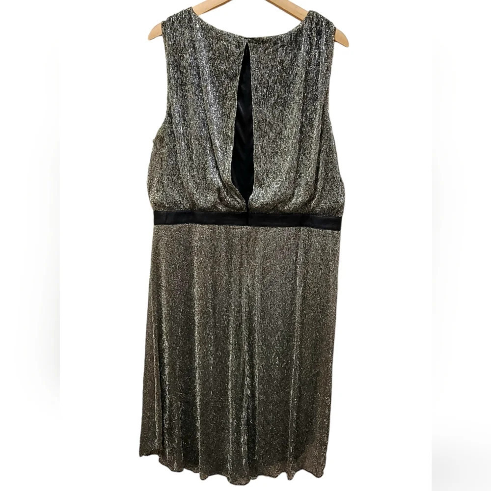 NEW Chico's Pleated Split back metallic gold tone shimmer Midi Dress - Picture 4 of 12